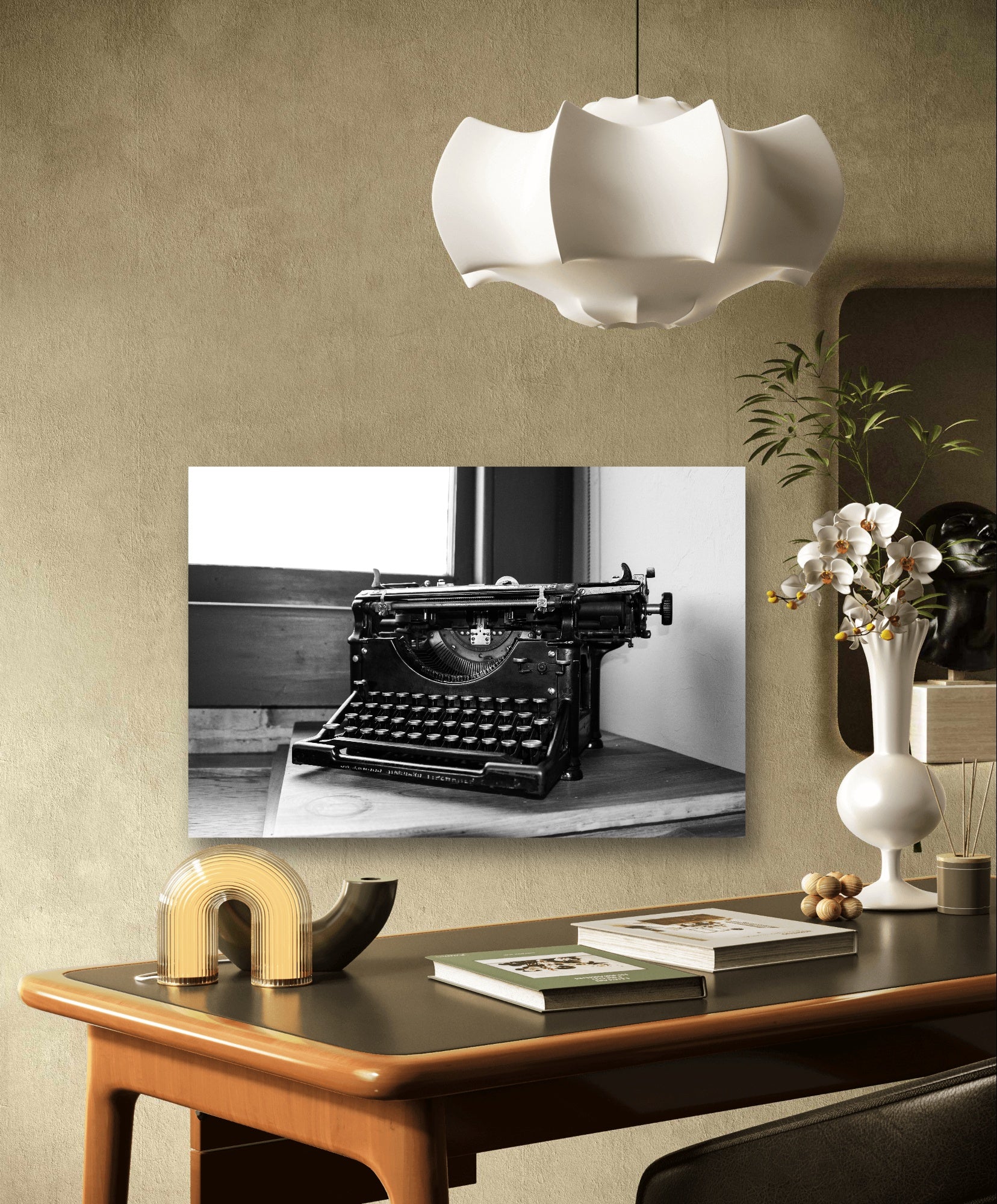 Antique typewriter on desk photography canvas print on office wall