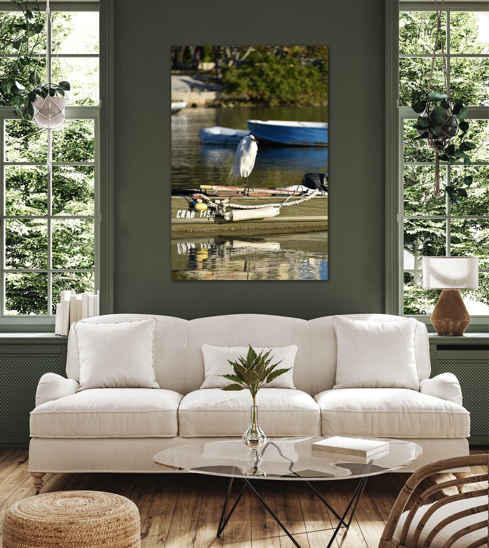 Nature bird on the water and boat photography canvas print on living room wall