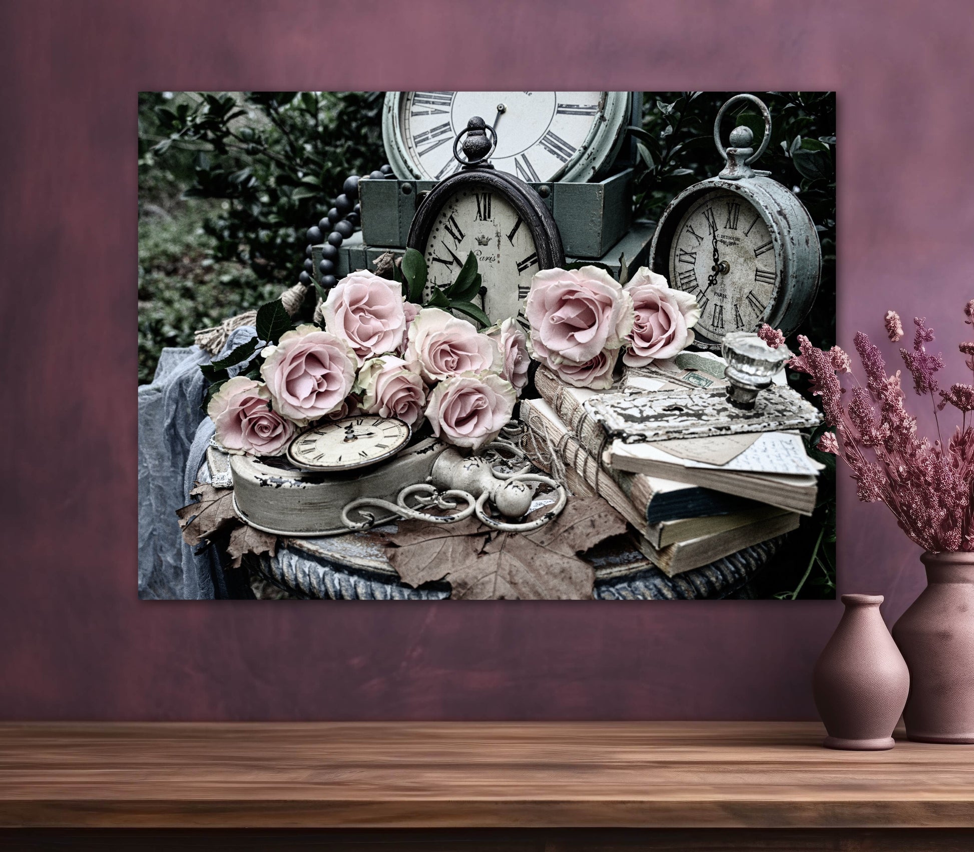 Roses, antique chair, books and clock shabby chic photography canvas print on wall