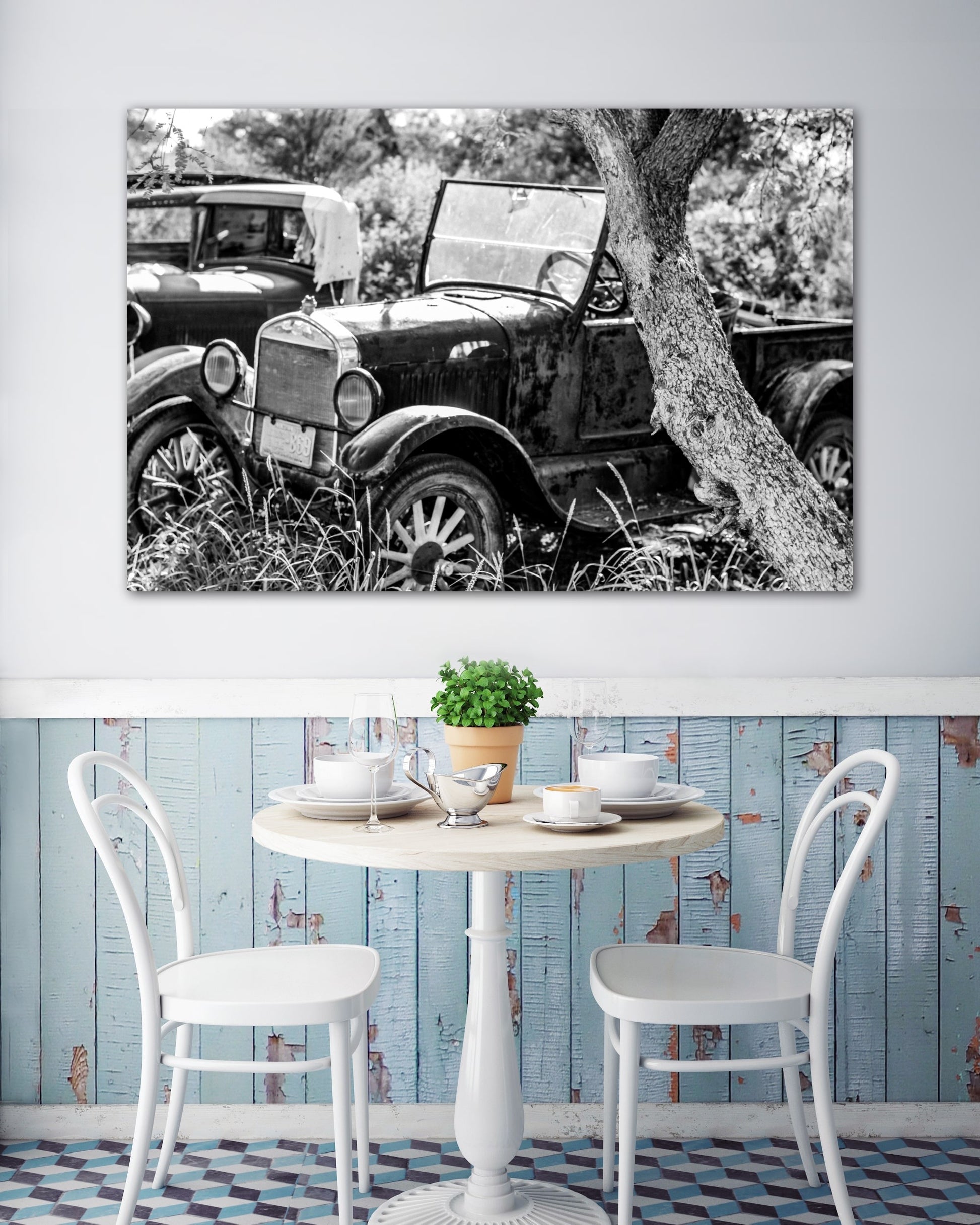 Travel antique car junkyard photography canvas print on wall
