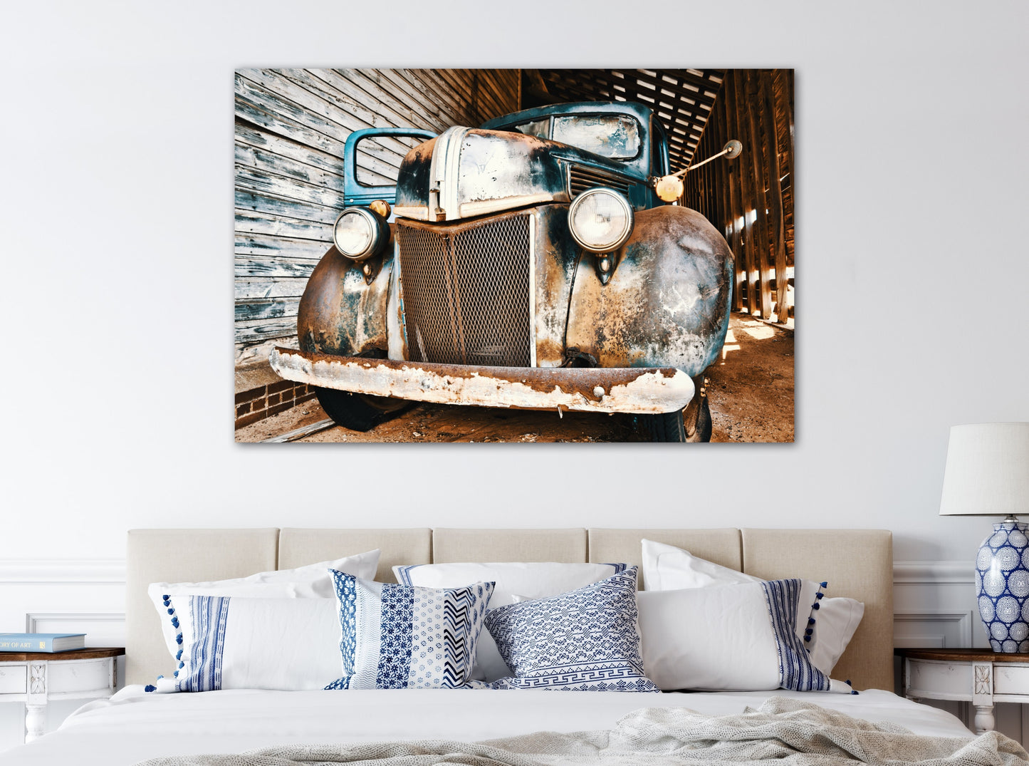 Rustic Ford truck barn photography canvas print on bedroom wall