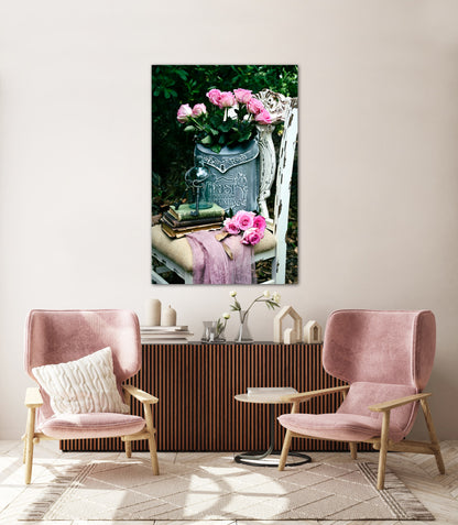 Roses delivery, antique chair and books shabby chic photography canvas print on wall