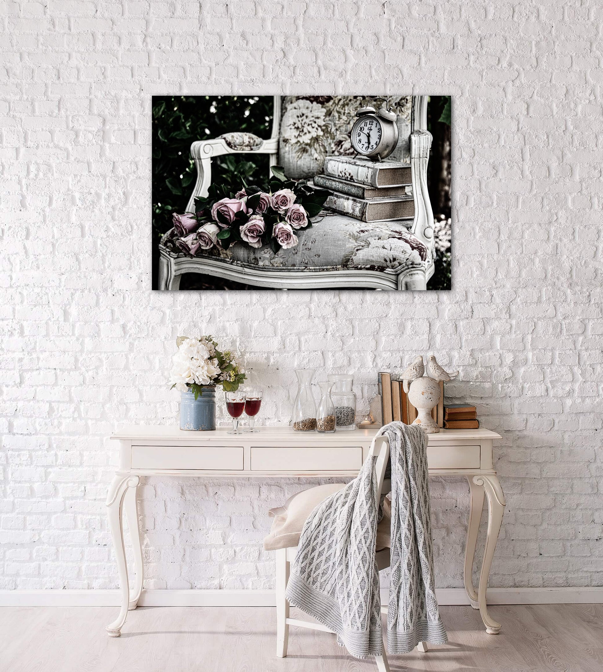 Roses, antique chair, books and clock shabby chic photography canvas on wall