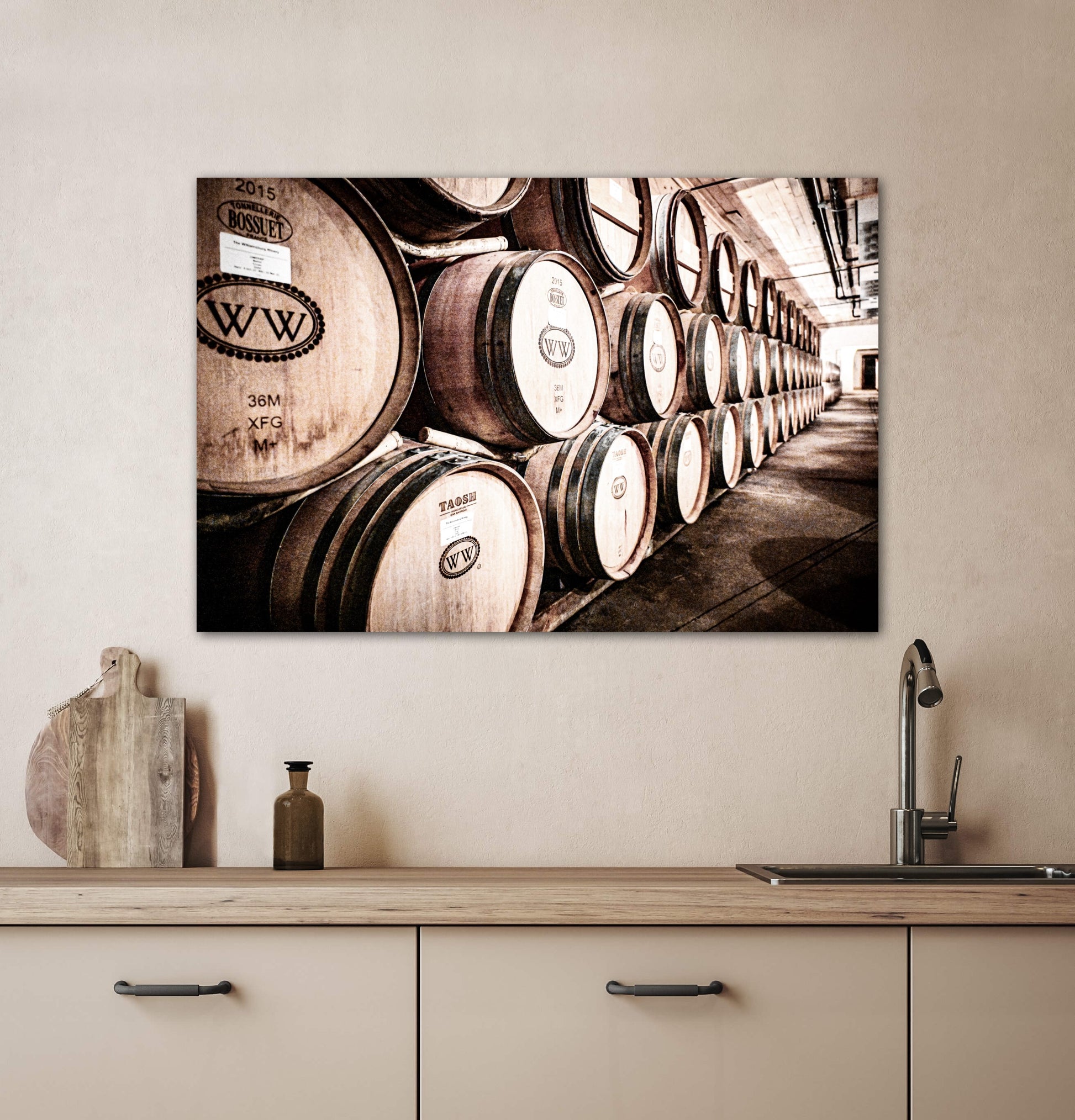 Travel Wine Cellar Industrial photography canvas print on kitchen wall