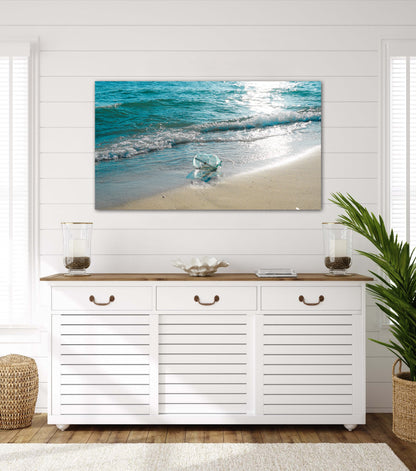 Travel ocean beach message in a bottle photography canvas print on bedroom wall
