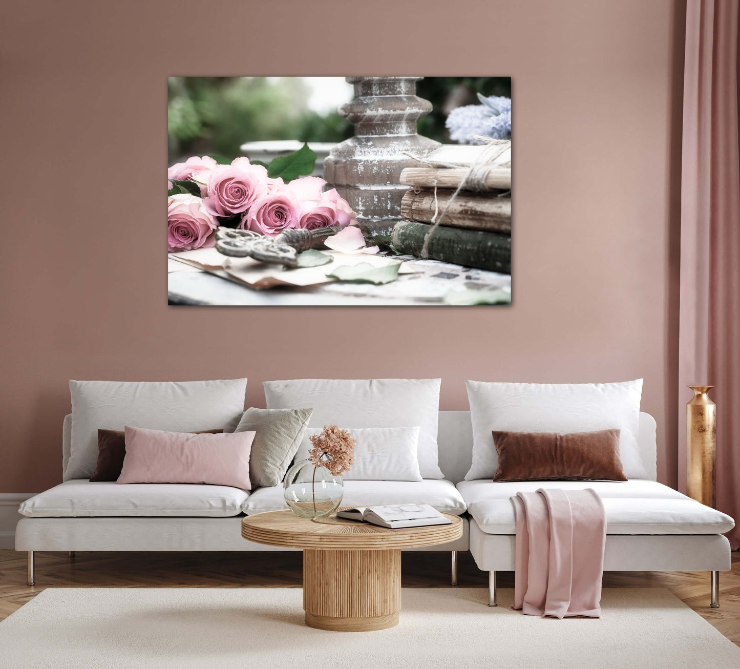 Antique roses, key, and books photography canvas print on living room wall