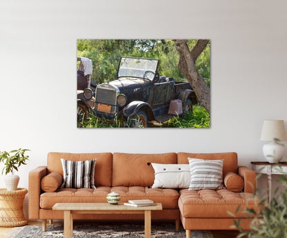 Travel antique car junkyard photography canvas print on living room wall