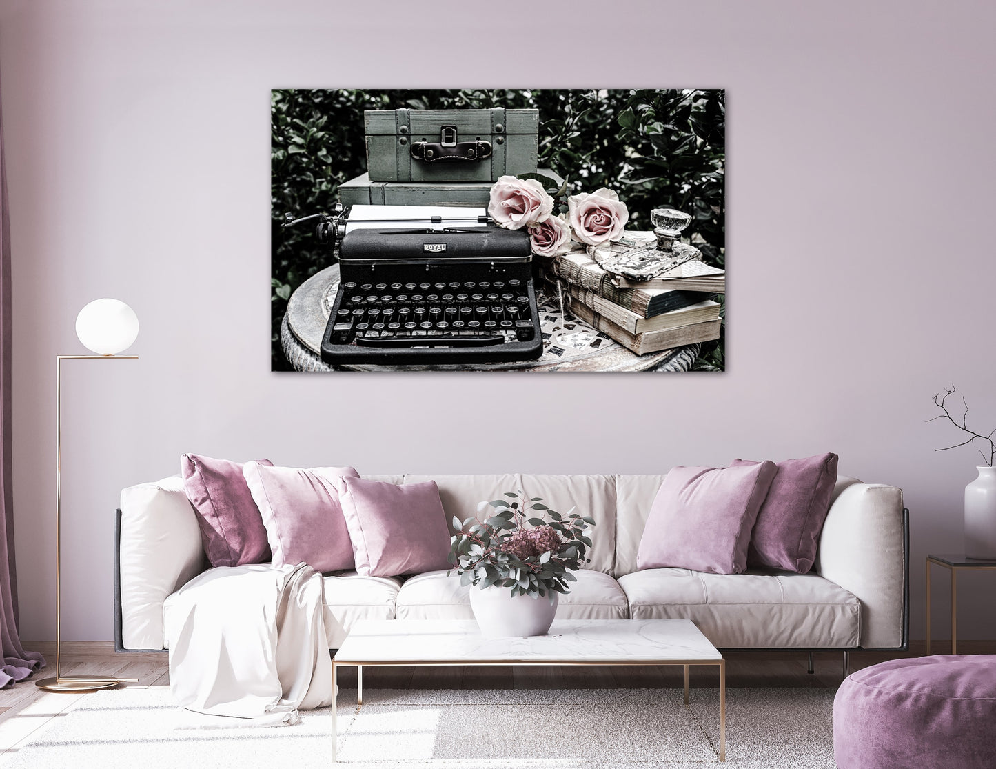 Roses, typewriter, suitcase and books shabby chic photography print on living room wall