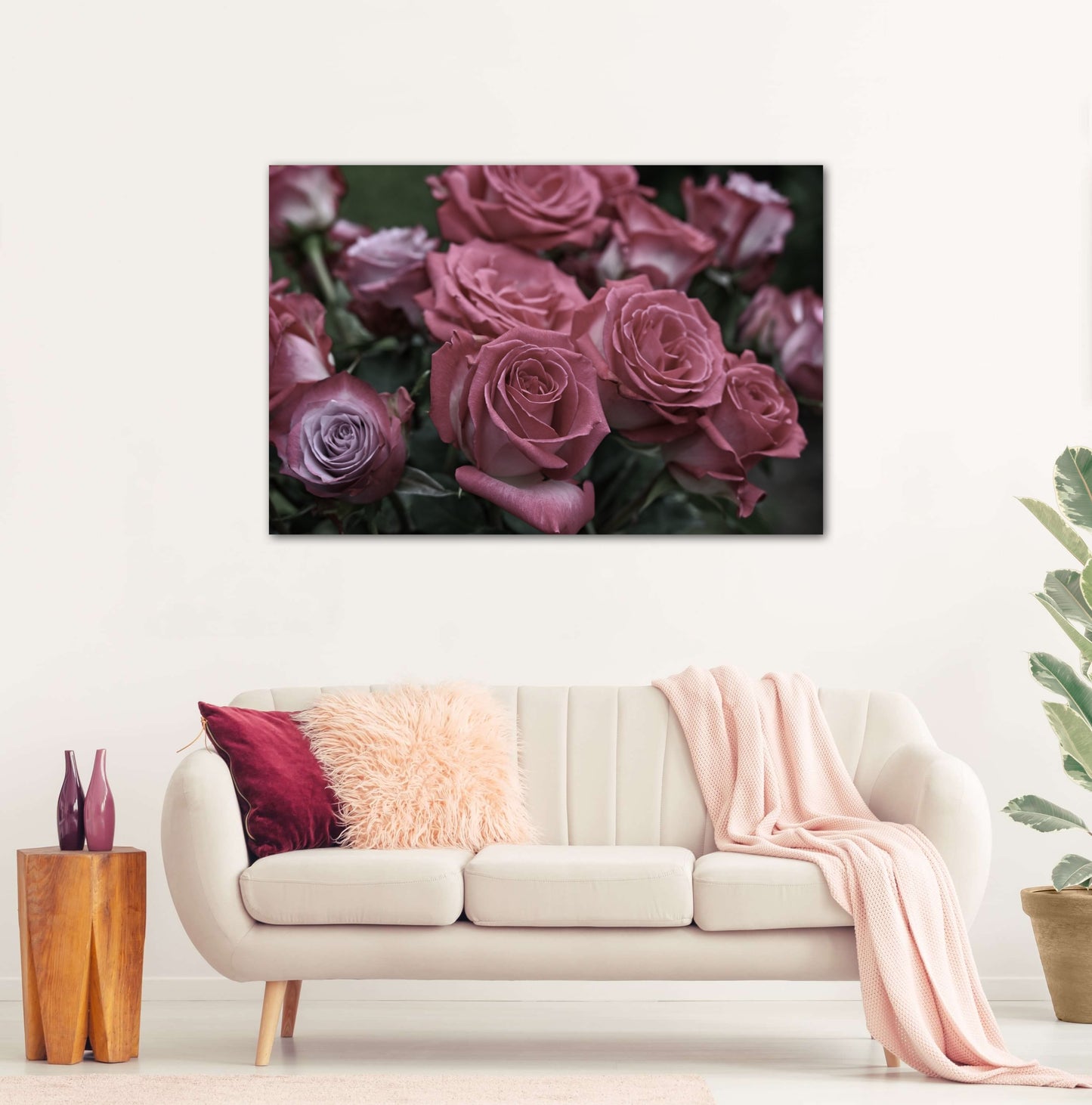 Pink roses photography canvas print on living room wall