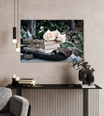 Roses and book shabby chic photography canvas print on wall