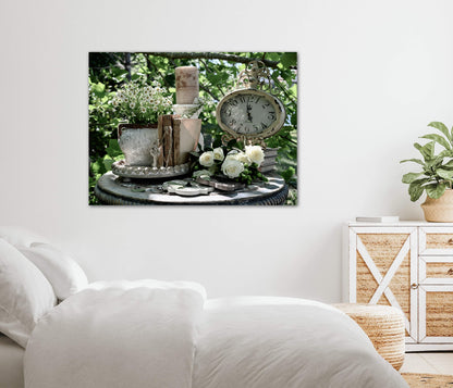 Shabby chic daises, roses, clock and books photography canvas print on bedroom wall