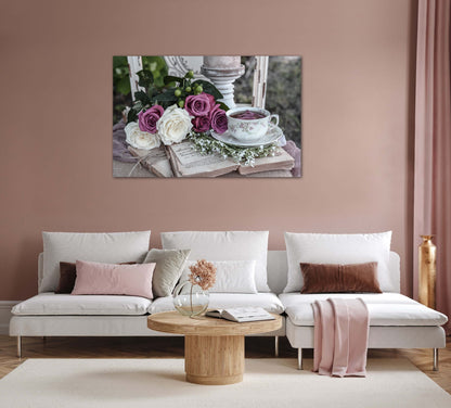 Shabby chic roses, tea cup and book photography canvas print on living room wall