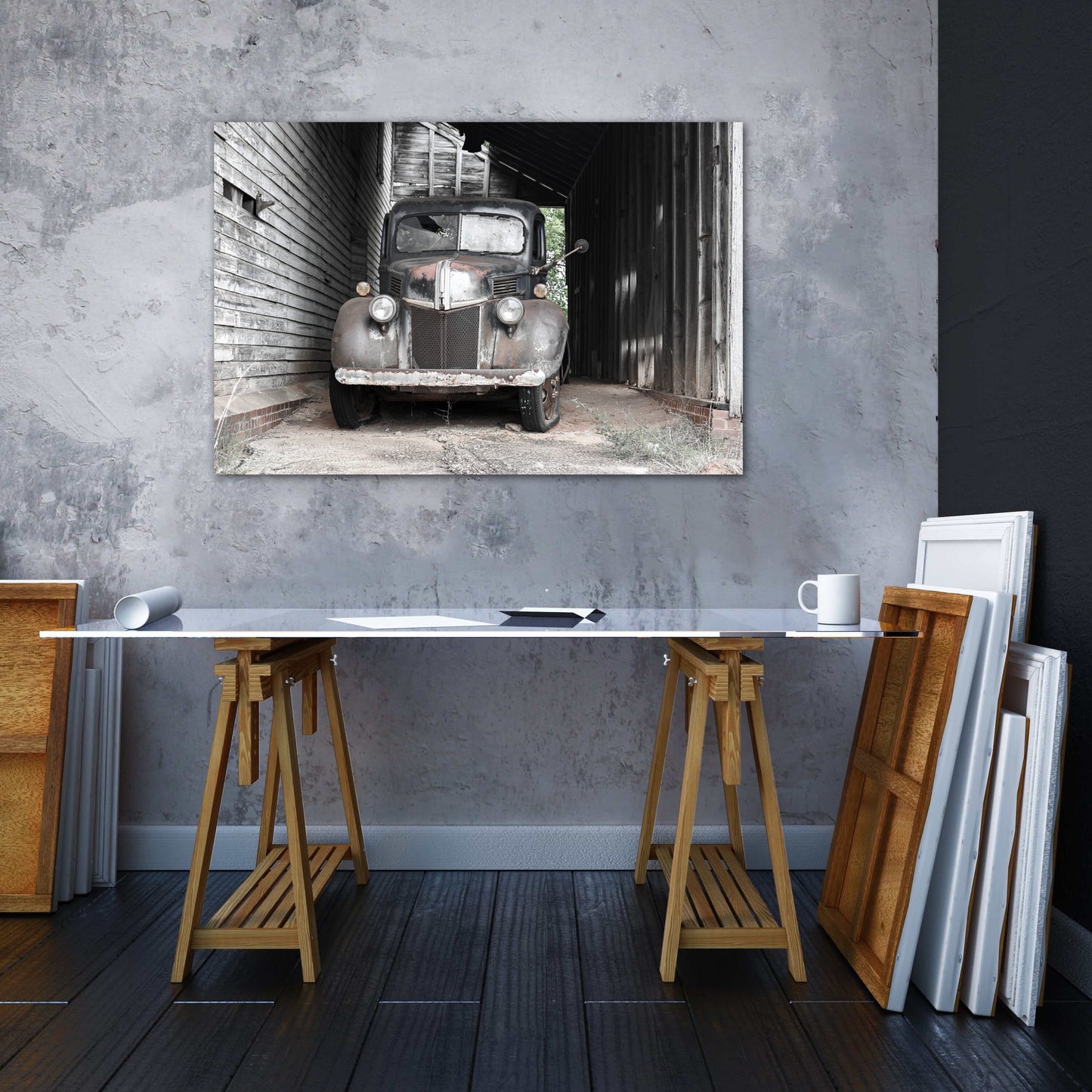 Rustic Ford truck barn photography canvas print on office wall