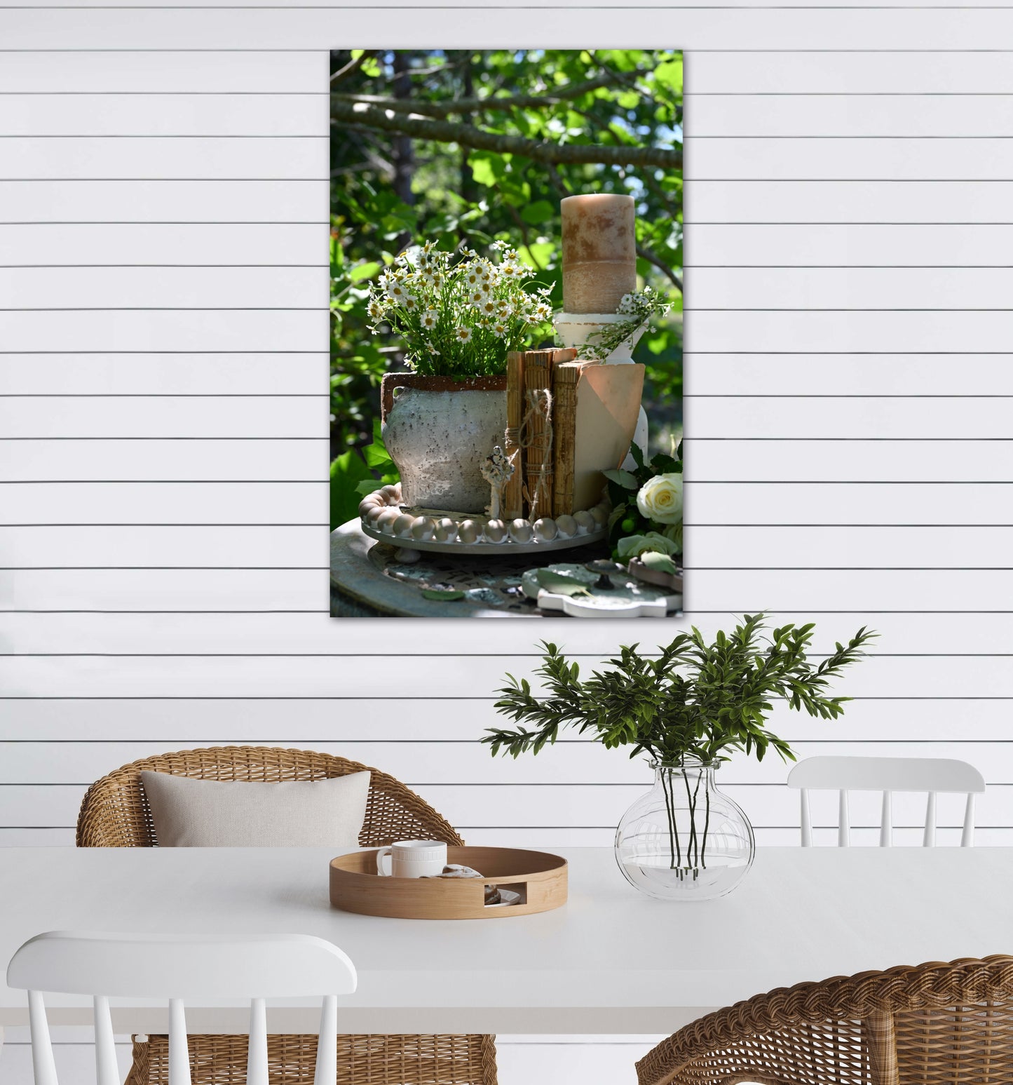 Shabby chic daises, books, and key photography canvas print on dining room wall