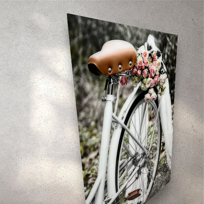 Antique bicycle with roses photography acrylic print side view