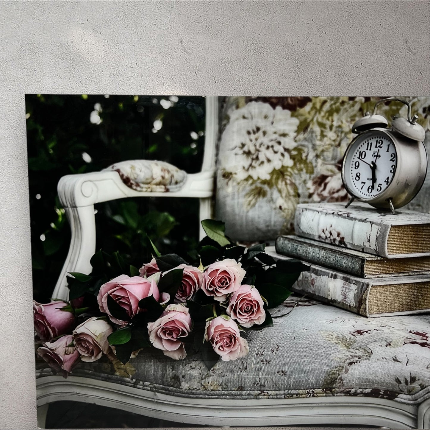 Roses, antique chair, books and clock shabby chic photography acrylic print