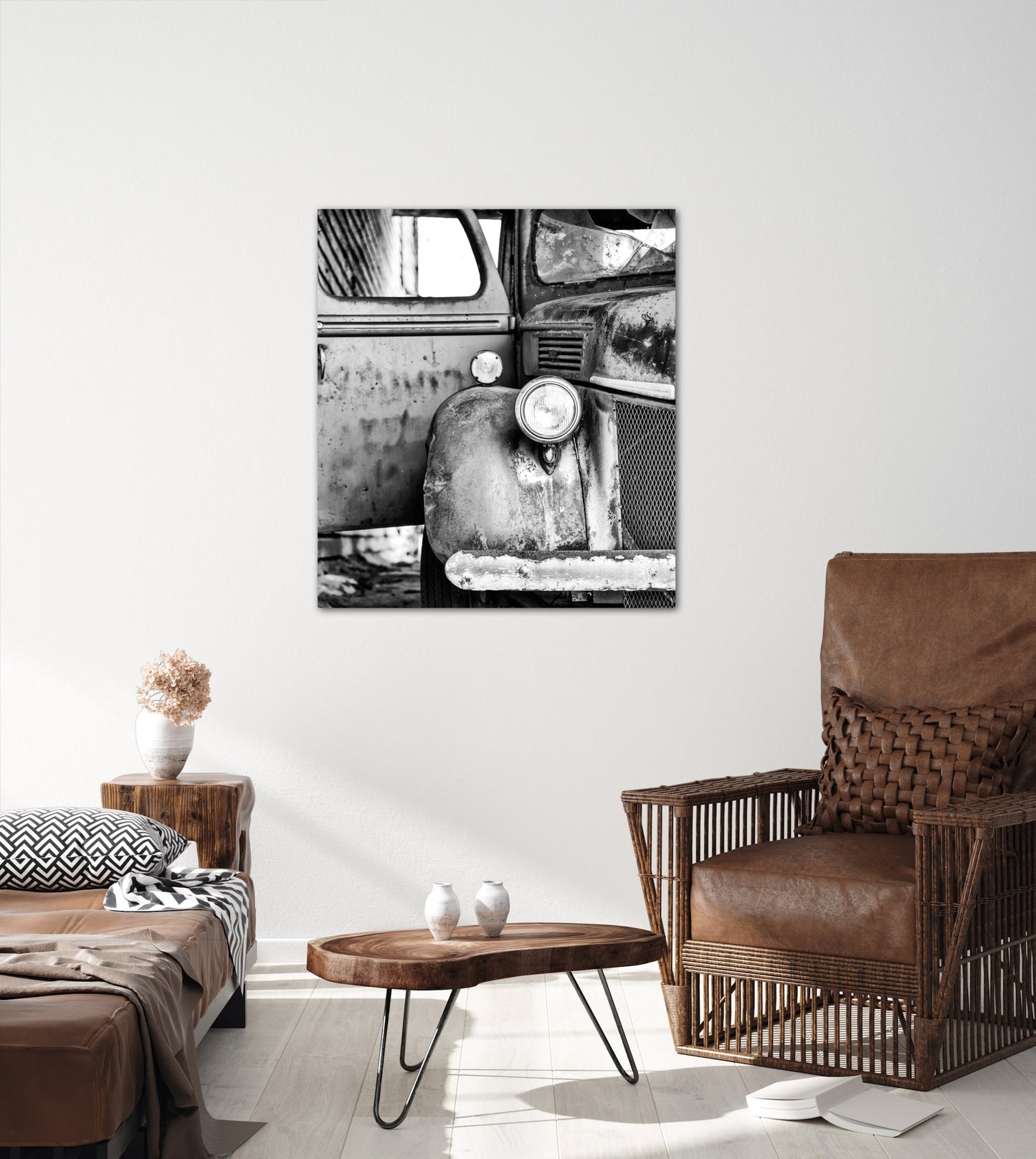 Rustic Ford truck barn photography canvas print on living room wall