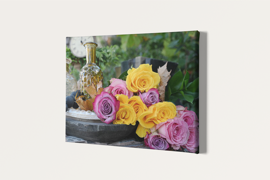 Colorful roses, antiques vases, clock, and books shabby chic photography canvas print