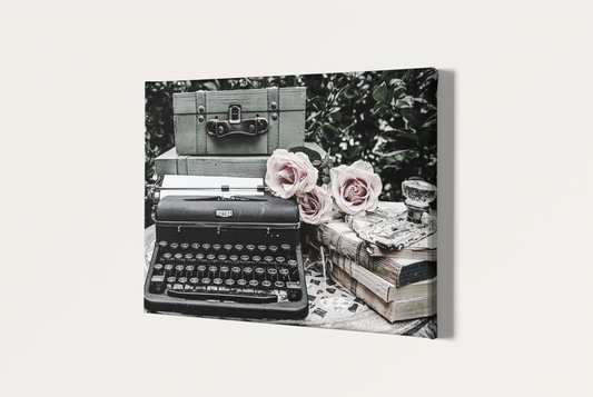 Roses, typewriter, suitcase and books shabby chic photography canvas print