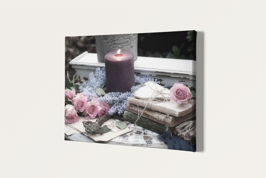 Candle, flowers, and antiques shabby chic photography canvas print