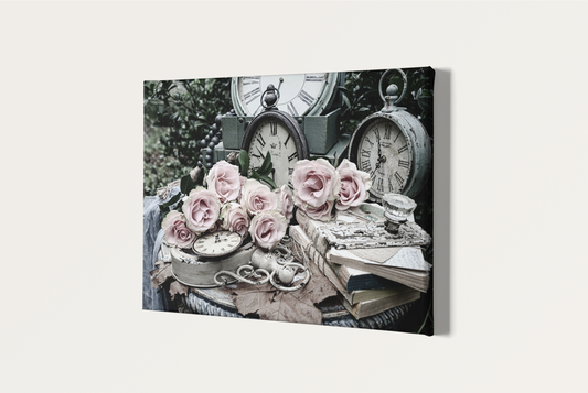 Roses, antique chair, books and clock shabby chic photography canvas print