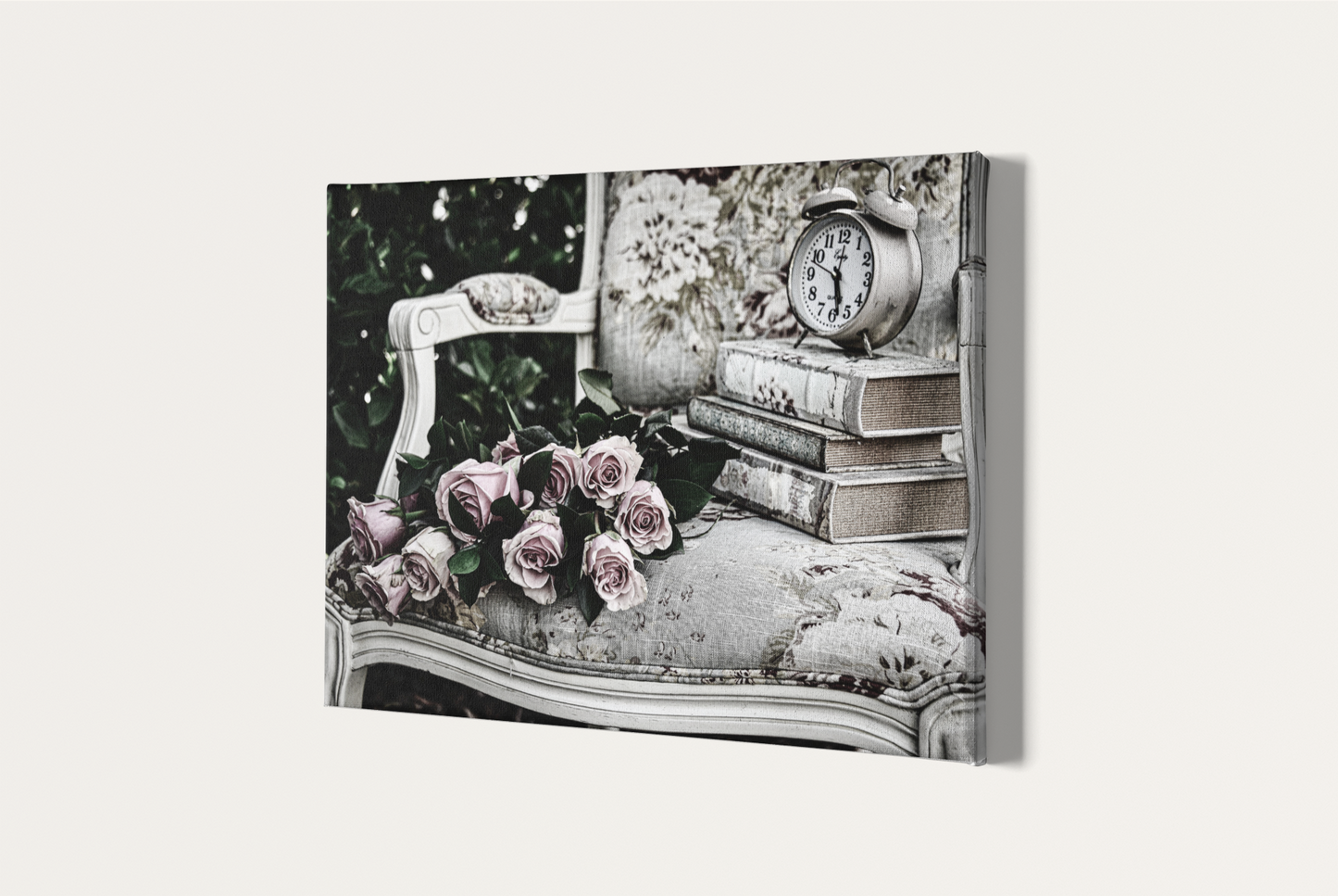 Roses, antique chair, books and clock shabby chic photography canvas print