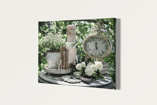 Shabby chic daises, roses, clock and books photography canvas print