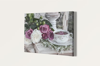Shabby chic roses, tea cup and book photography canvas print
