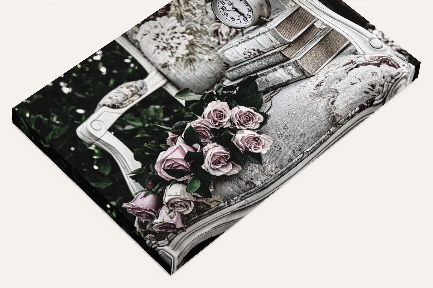 Roses, antique chair, books and clock shabby chic photography canvas print