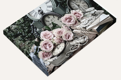 Roses, antique chair, books and clock shabby chic photography canvas print