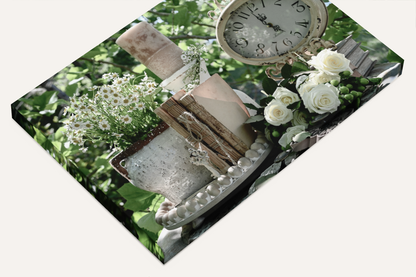 Shabby chic daises, roses, clock and books photography canvas print