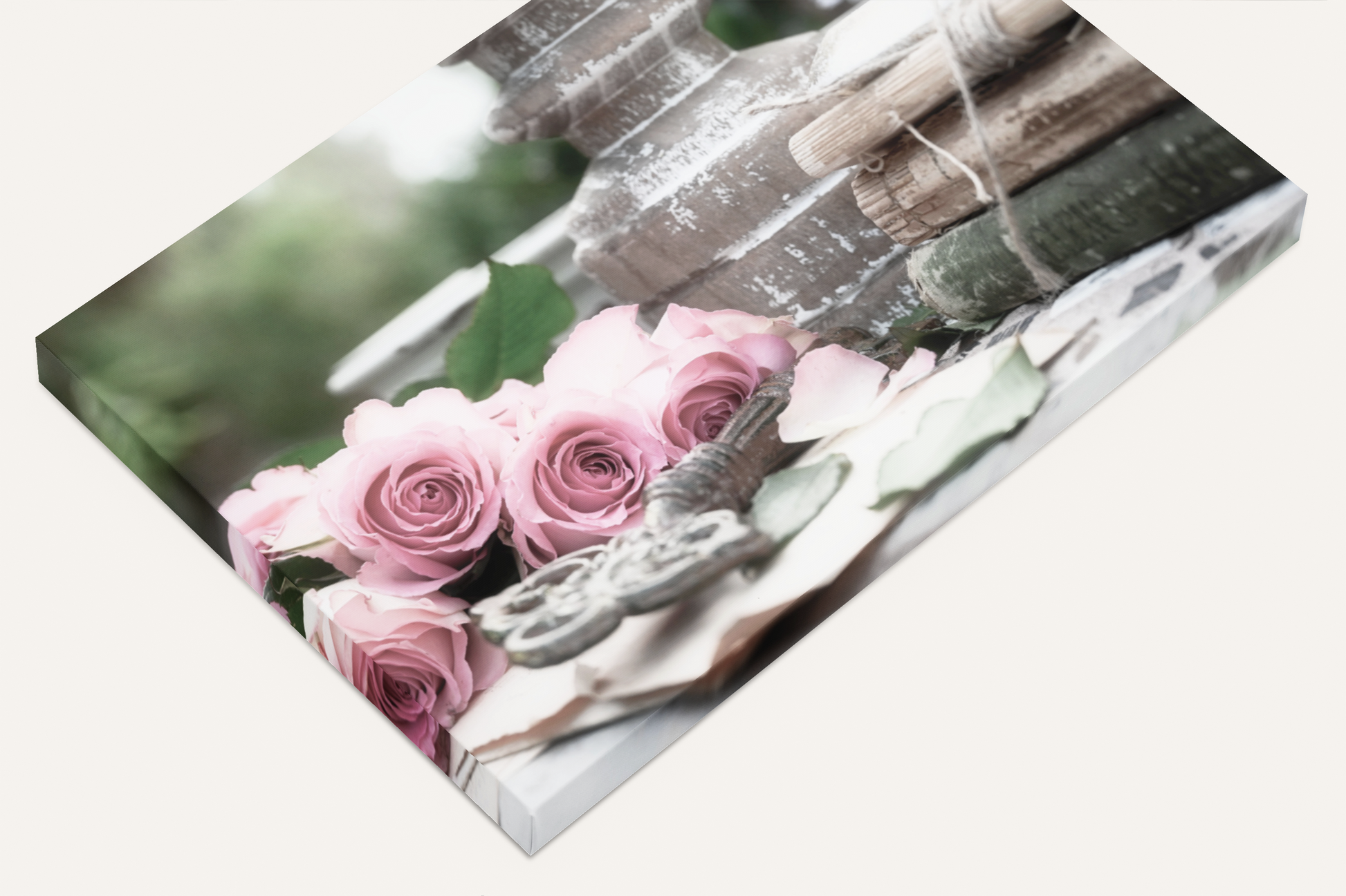 Antique roses, key, and books photography canvas print