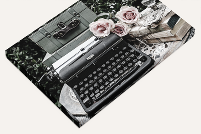 Roses, typewriter, suitcase and books shabby chic photography canvas print