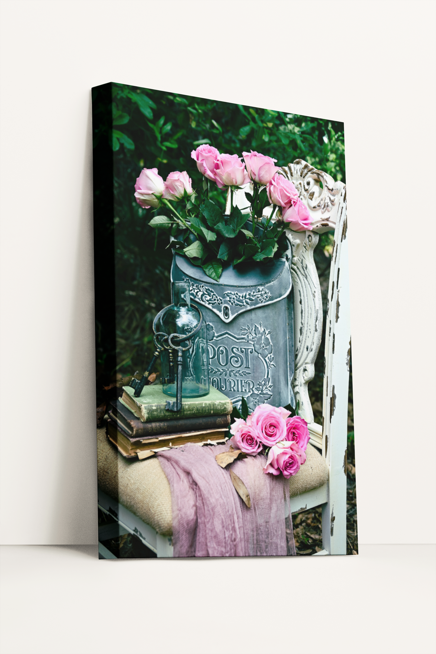 Roses delivery, antique chair and books shabby chic photography canvas print