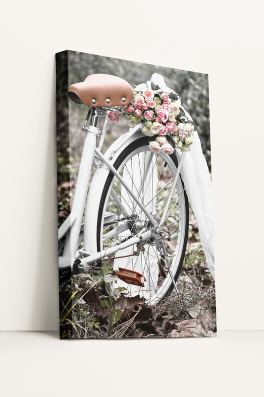 Antique bicycle with roses photography canvas print