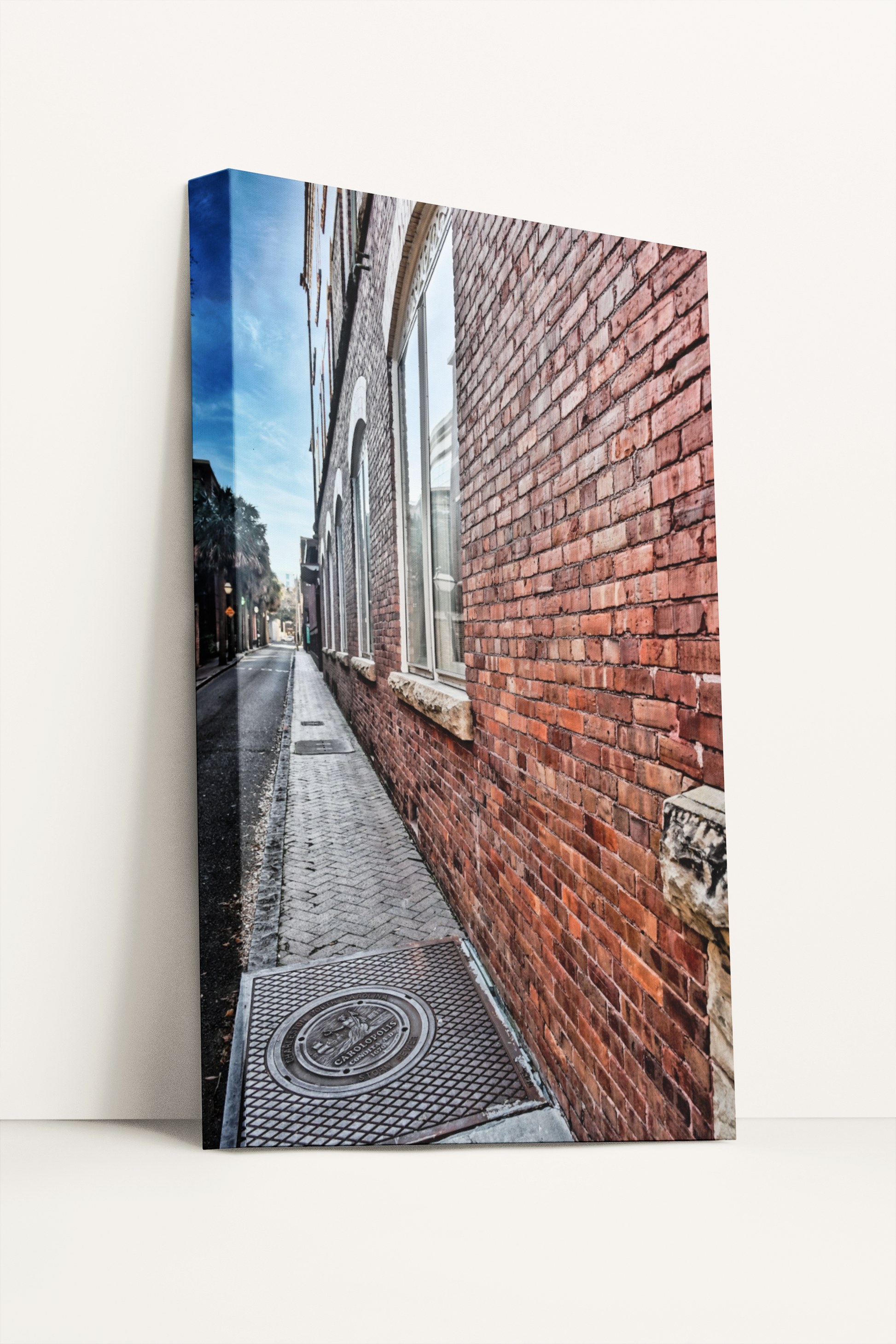 Travel Charleston brick building and cobblestone street photography canvas print