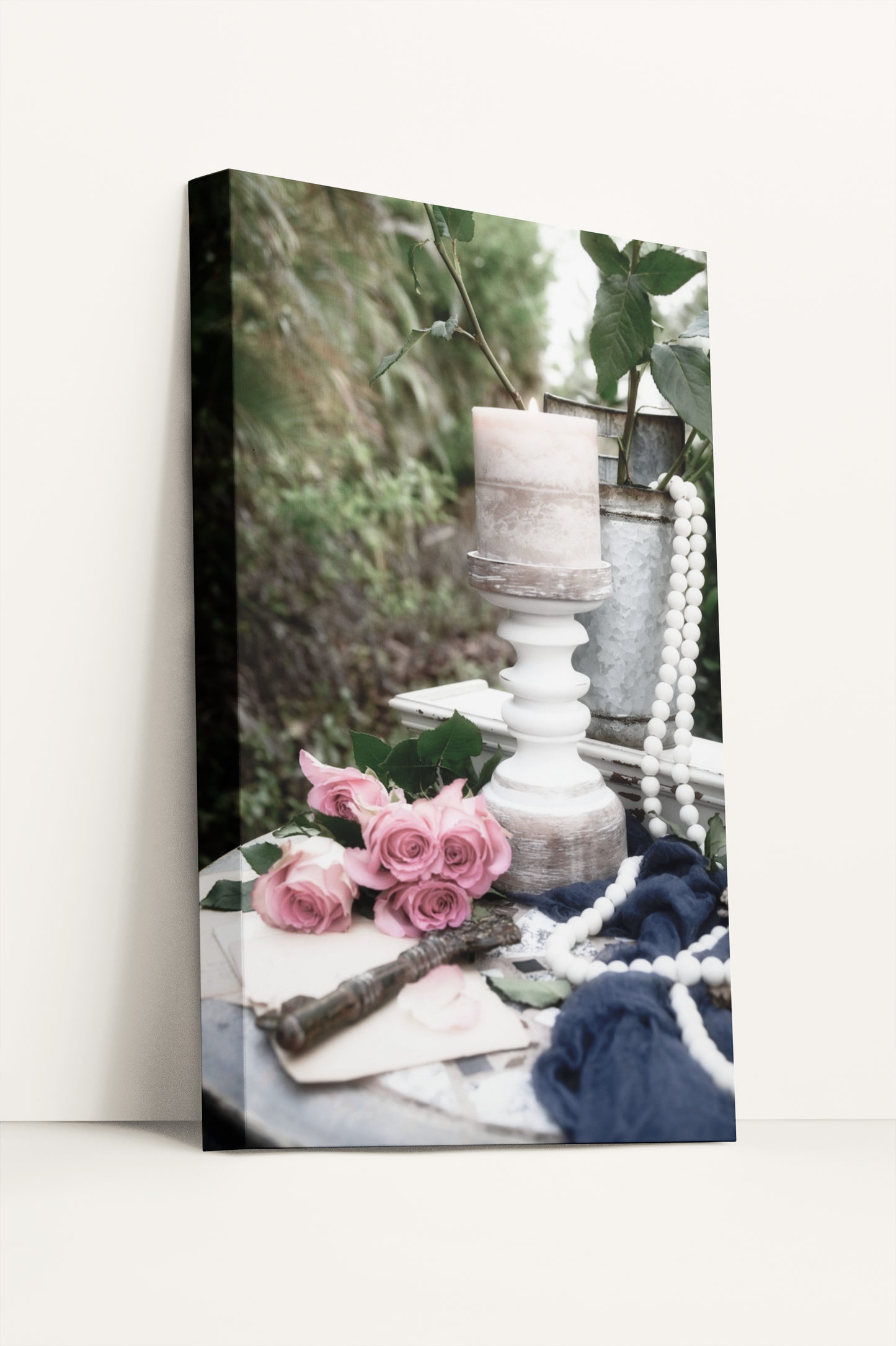 Antique key, roses, candle, and shabby chic pearls photography canvas print