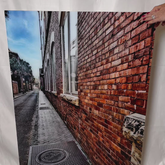 Travel Charleston brick building and cobblestone street photography acrylic print video preview