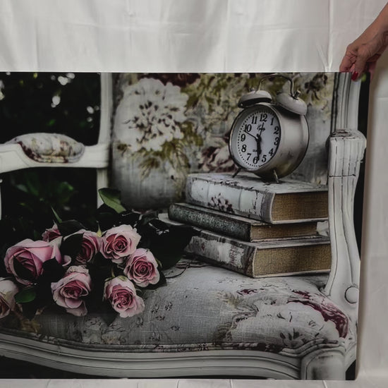 Roses, antique chair, books and clock shabby chic photography acrylic print video preview