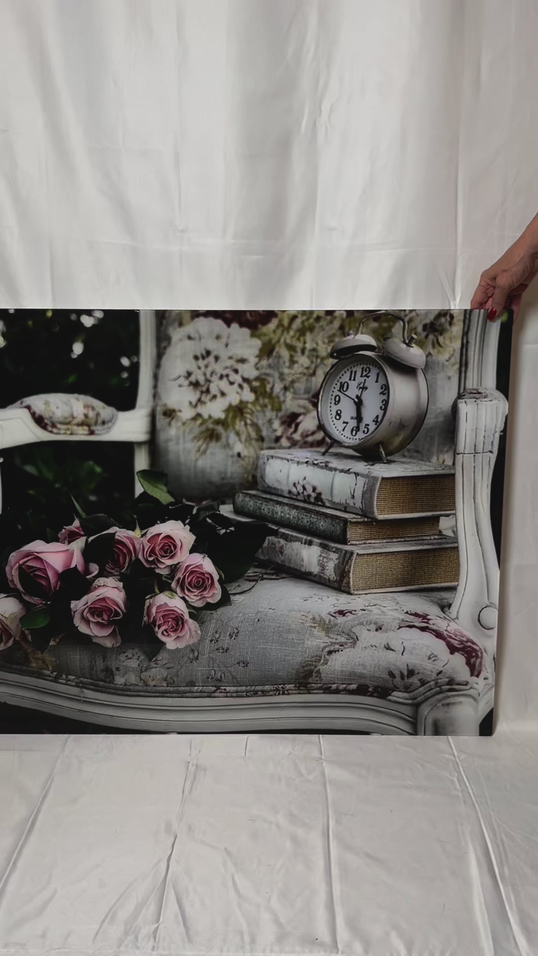 Roses, antique chair, books and clock shabby chic photography acrylic print video preview